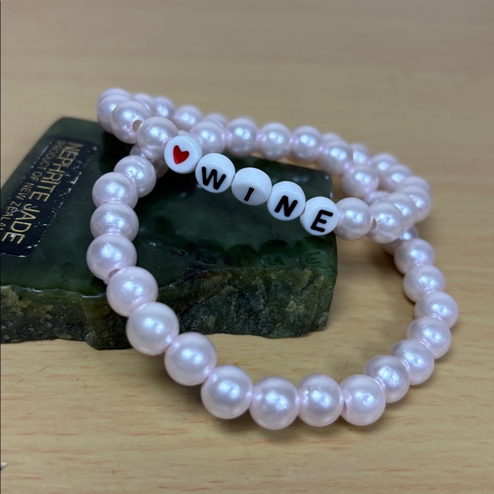 2 Pink Pearl Stretch Bracelet with 'WINE' Letter Beads